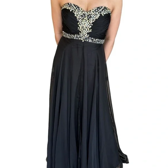 ✨Host Pick✨ BLACK CHIFFON PROM FORMAL EVENING GOWN WITH RHINESTONE ACCENTS 4 - Picture 2 of 16